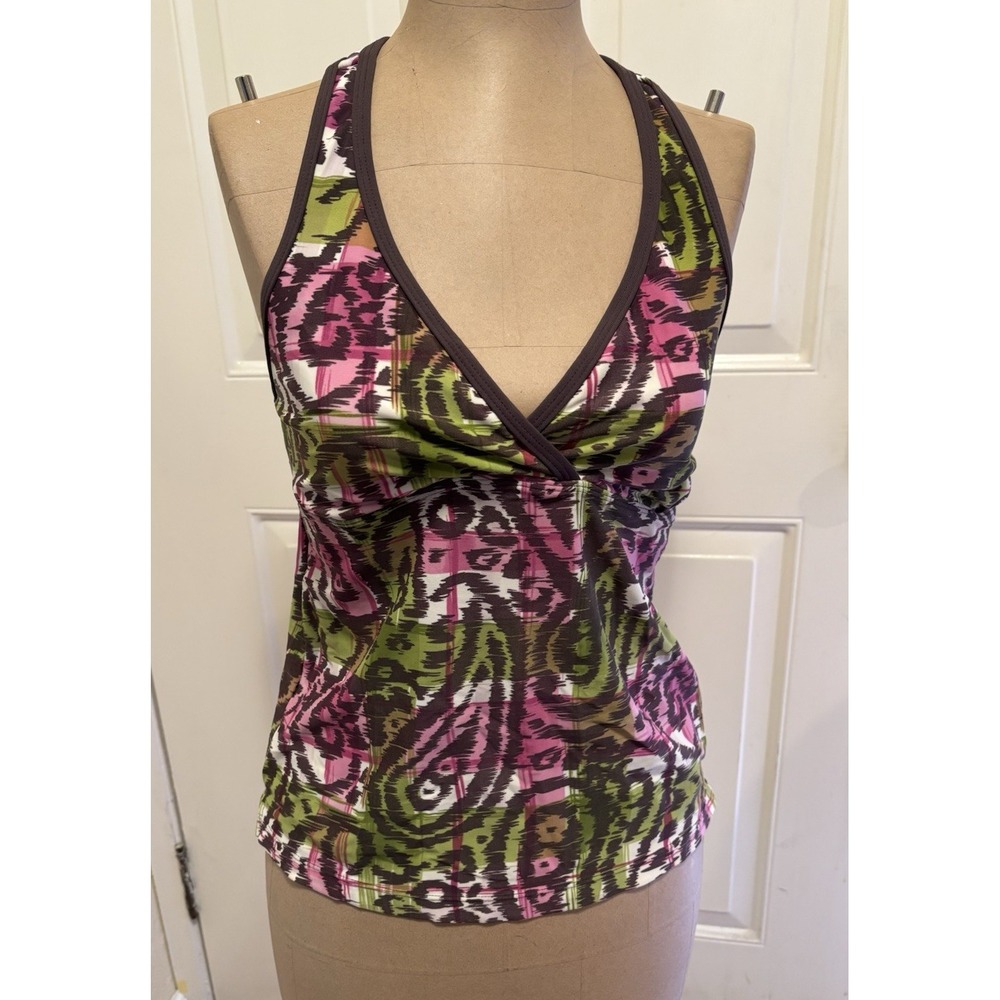 ATHLETA Ikat Paisley Racerback Tankini Size ST Small Tall Green Pink Brown Swim